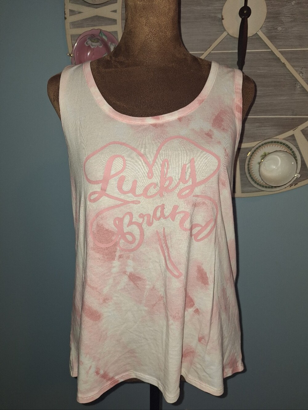 Lucky Brand White and Pink Tie-Dye Scoop Neck Tank